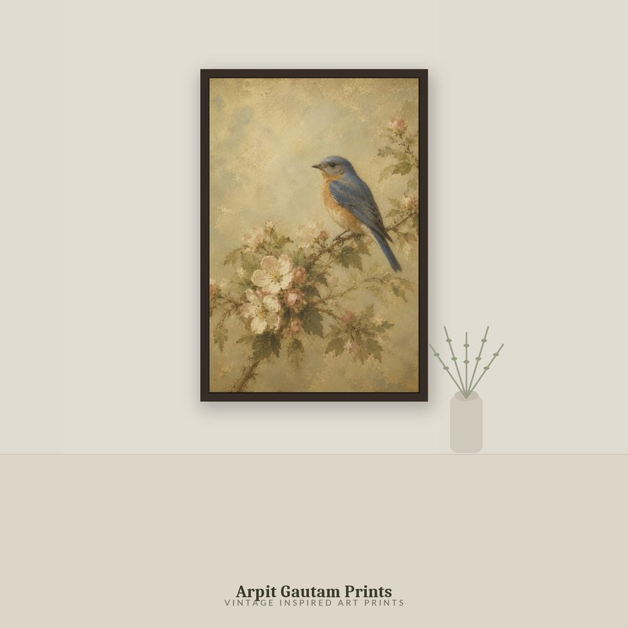 Vintage bluebird antique oil painting art print