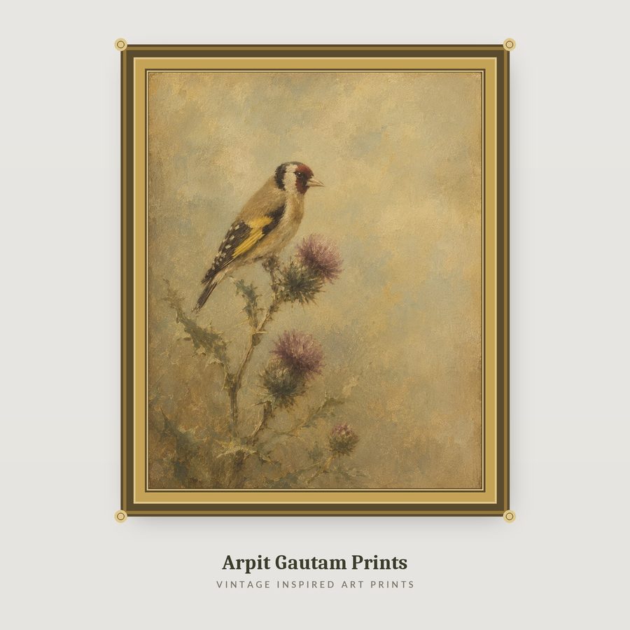 Vintage goldfinch bird art print styled on a wall