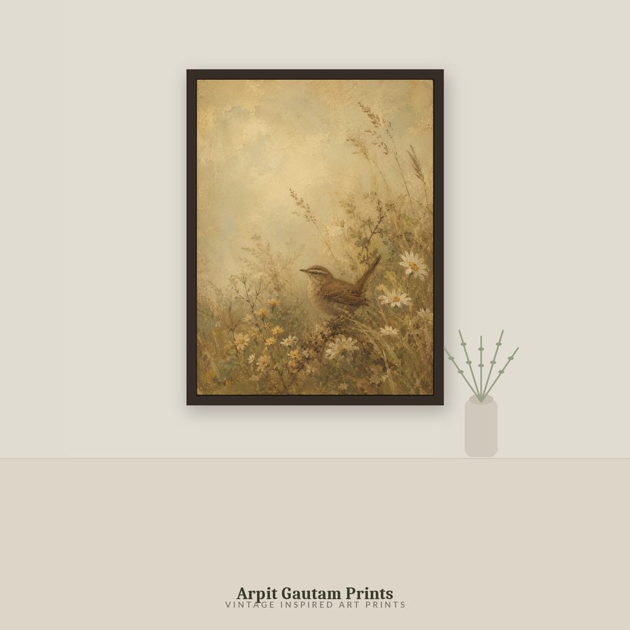Vintage wren bird art print styled on a wall
